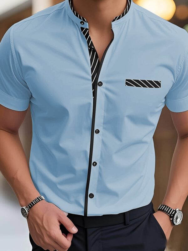 Men's Light Blue Casual Short Sleeve Shirt with Black Contrast Collar & Cuffs - Stand-Up Collar, Machine-Washable Fabric, Regular Fit for Summer, Office, Commute & Streetwear, Classic Buttonup Design, Nontransparent Material - Image 2