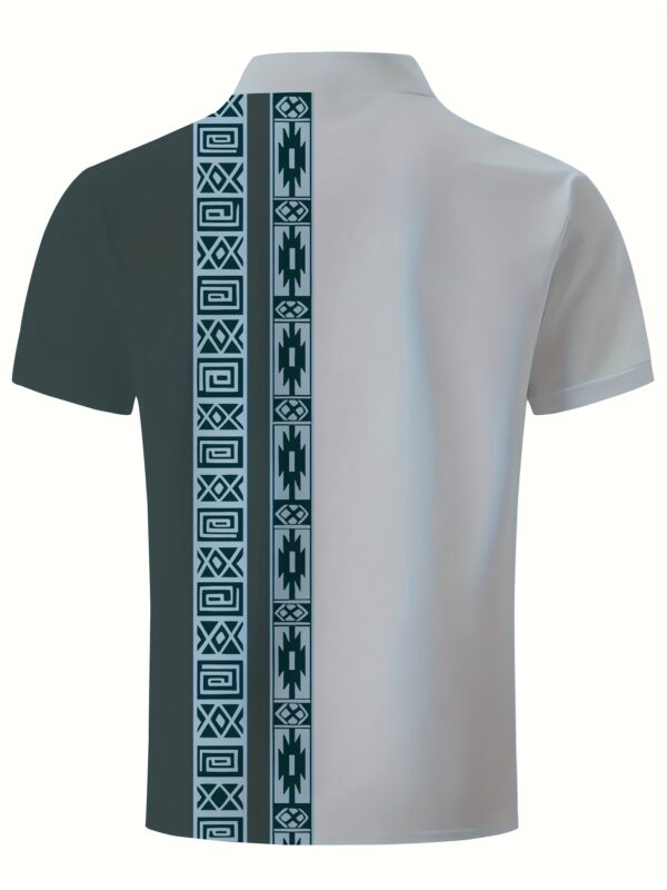 Men's Summer Casual Shirt - Ethnic Geometric Contrast Color Block Design, Asymmetrical Print, Stand-Up Collar & Button Detail, Breathable Short Sleeve for Business Casual & Casual Attire, Durable Fabric Tee, Machine Washable Top - Image 6