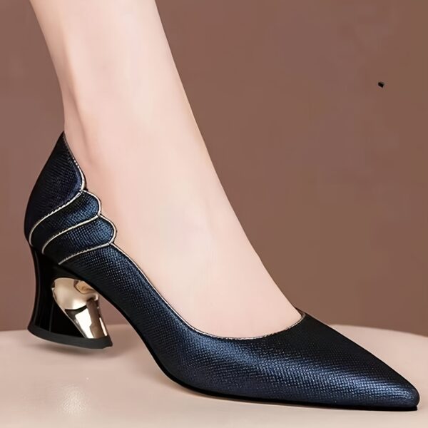 Women's Deep Blue Pointed-Toe Mid-Heel Pumps - Elegant Fabric Upper with Golden Accents, Comfortable Rubber Sole & Synthetic Cover Lining for Autumn Office & Formal Events