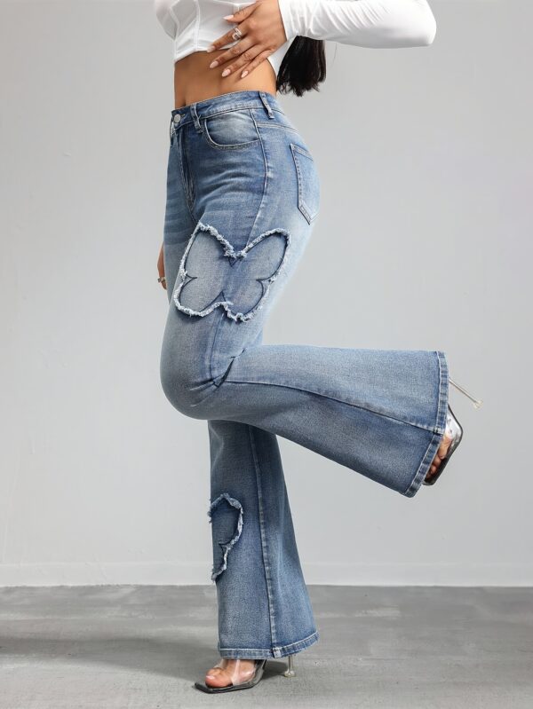 Women'S High-Waist Stretch Denim Jeans with Vintage Butterfly Embroidery - Casual Flared Leg, All-Season Wear, Geometric Pattern, Fashionable Retro Design - Image 7