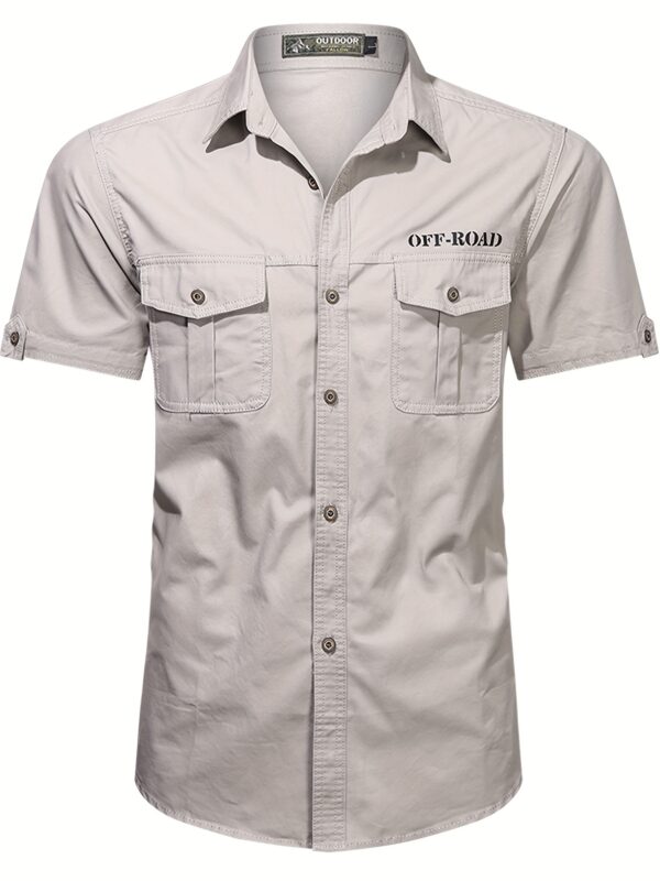 Men'S Cotton Solid Short Sleeve Shirt, Casual Lapel Collar Button Up Top with Multi Pockets, Summer Outdoor Leisure Wear - Image 2