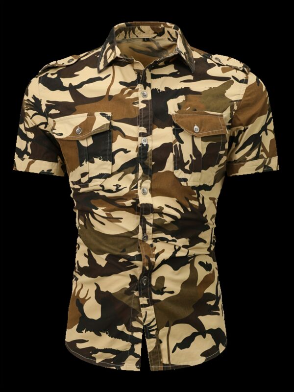 Men's Summer Camo Cotton Shirt - Casual Outdoor Short Sleeve with Chest Pocket, Vintage Style, Non-Stretch Fabric, Plaid Print, Regular Pattern, Military Uniform - Image 9