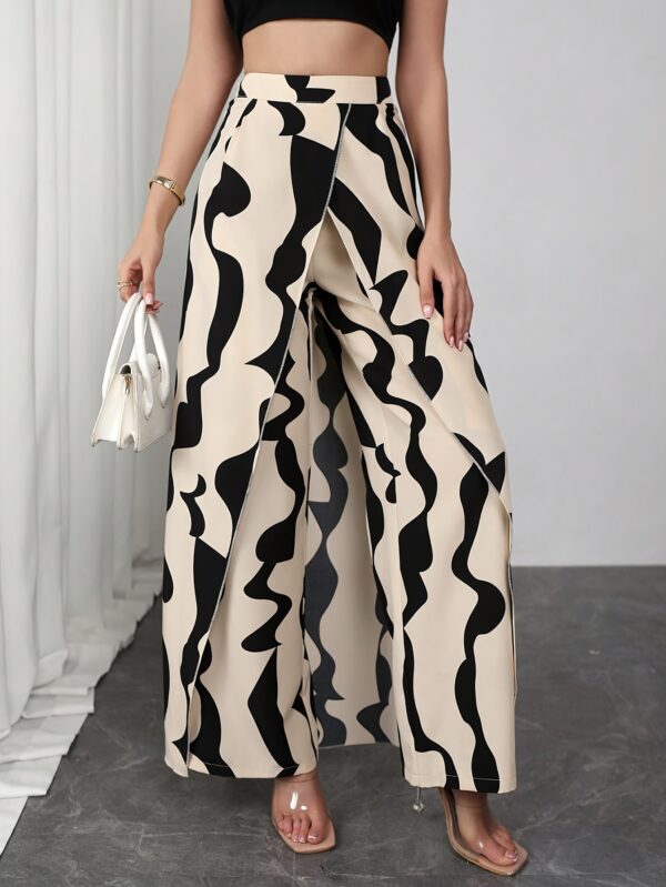 Women's Wide-Leg Pants with Asymmetrical Geometric Print - Black & White Abstract Design, Machine Washable, Spring Summer Fall Elegant Trousers for Casual & Formal Wear - Image 12