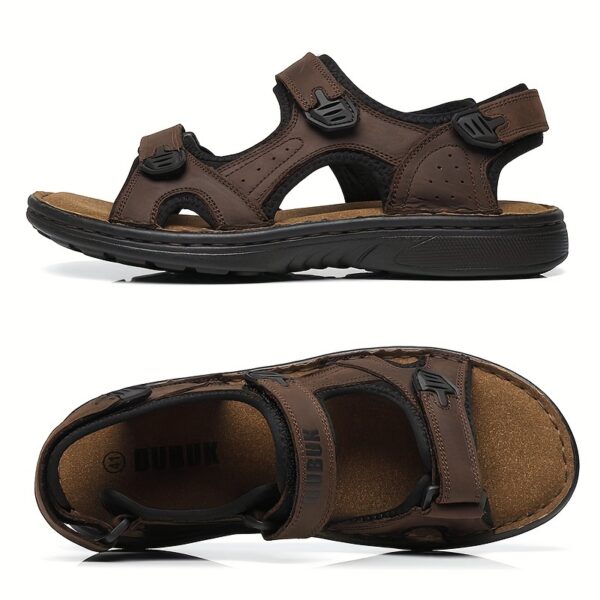 Men's Summer Sandals with Thick Sole, Breathable Head Layer Cowhide, Hook & Loop Closure, Lightweight Fabric Liner, PU Sole & Insole, Solid Color Casual Beach Shoes for Outdoor Activities - Image 3