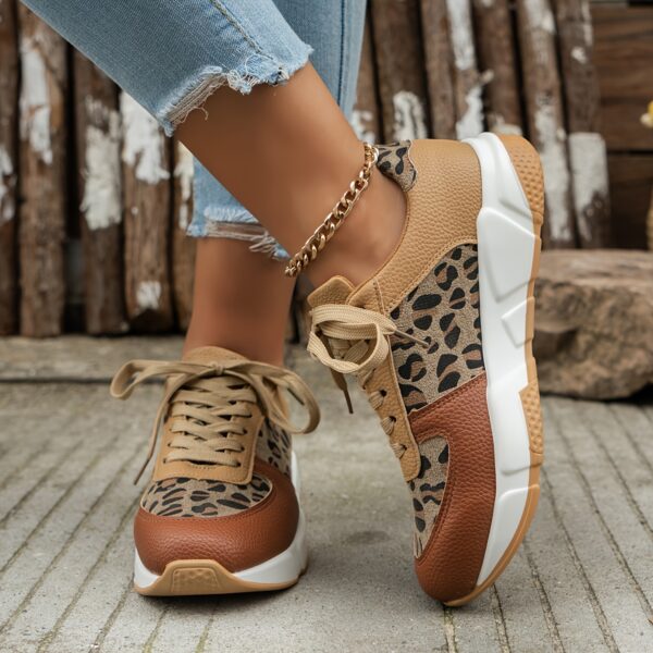 1 Pair Women'S Leopard Print Lace-Up Sneakers, Low Top Comfortable All-Season Shoes with Rubber Sole and Fabric Insole, Casual Sport Footwear - Image 3