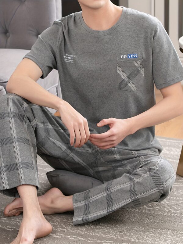 Men'S Summer Pajamas Made of Pure Cotton, Featuring Short Sleeves And Long Pants, Lightweight And Available in Plus Sizes for Young Adults. - Image 3