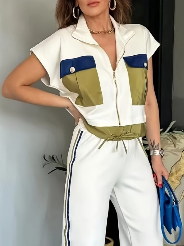 Casual Zippered Short Sleeve Round Neck Women's Two-Piece Set - Image 9