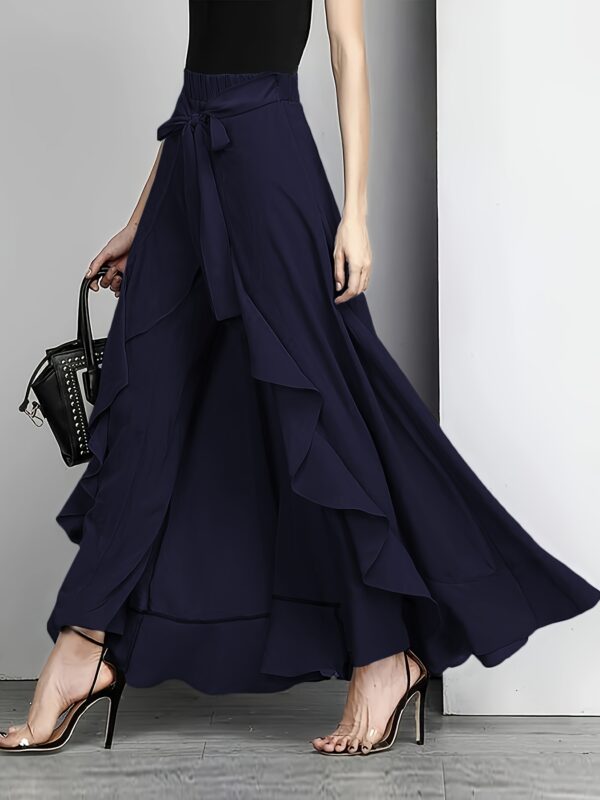 Women'S Light Blue Ruffle Hem Maxi Pants - Casual Solid Color Straight Leg with Belt Detail, Flowy Design for All Seasons, Polyester Fabri - Image 20