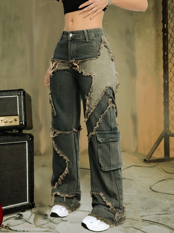 Women'S Distressed Denim Wide-Leg Pants - Non-Stretch Geometric Pattern Applique, Elegant Casual Style, All-Season Comfort Fit with White Sneakers, Allseason Jeans | Relaxed Fit Jeans | Nonstretch Fabric - Image 4