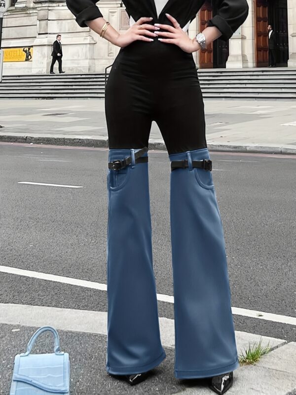 Women'S High-Waist Color Block Flare Pants - Sexy Black & Blue Wide-Leg Trousers with Adjustable Waist Straps, Pockets, and Button Details for Casual or Formal Outfits, High Waisted Pants, Formal Attire, Stylish Waistband, Durable Fabric