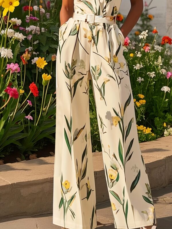 Women's Elegant Sleeveless V-Neck Jumpsuit with Adjustable Waist Tie & Tropical Leaf Print - Lightweight Breathable Fabric, Zipper Closure, Machine Washable for Summer, Beach, Garden Parties - Image 5