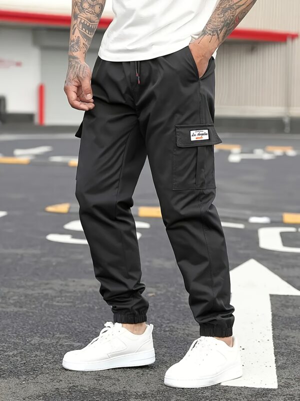 Men'S Casual Solid Color Cargo Pants, Multi-Flap Pocket Drawstring Trousers, Loose Fit Outdoor Work Pants, Streetwear Hip-Hop Style, 100% Polyester, Non-Stretch Woven Fabric, 190gsm - Regular Fit - Image 3