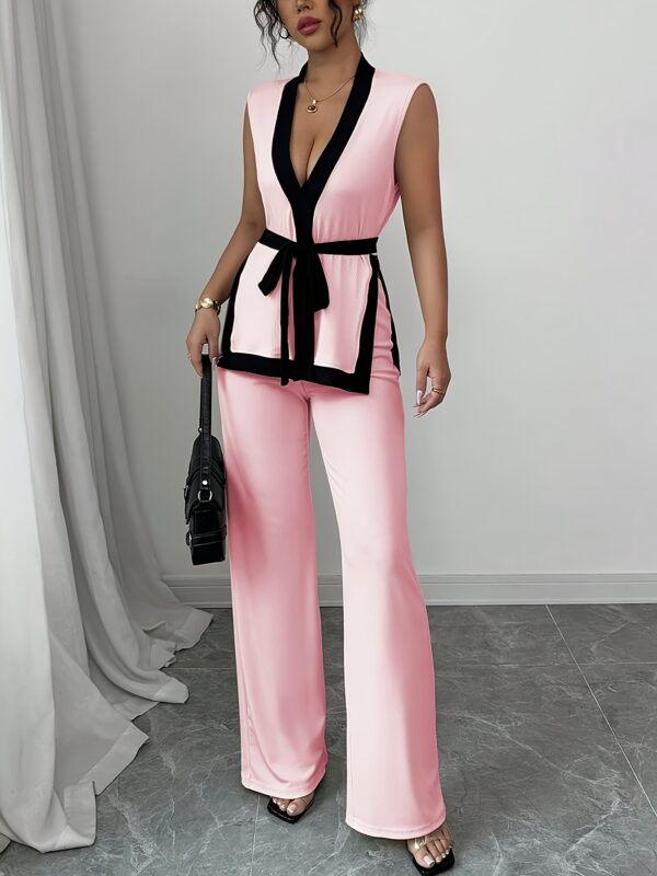 2pcs Elegant Women'S Sleeveless Crop Top & Wide-Leg Pants Set - Black & White Contrast, V-Neck Waistcoat with Belt, Perfect for Spring/Summer, Stylish Accessories|Contrast Detailing|Vneck Top, Ladies Fashion - Image 13