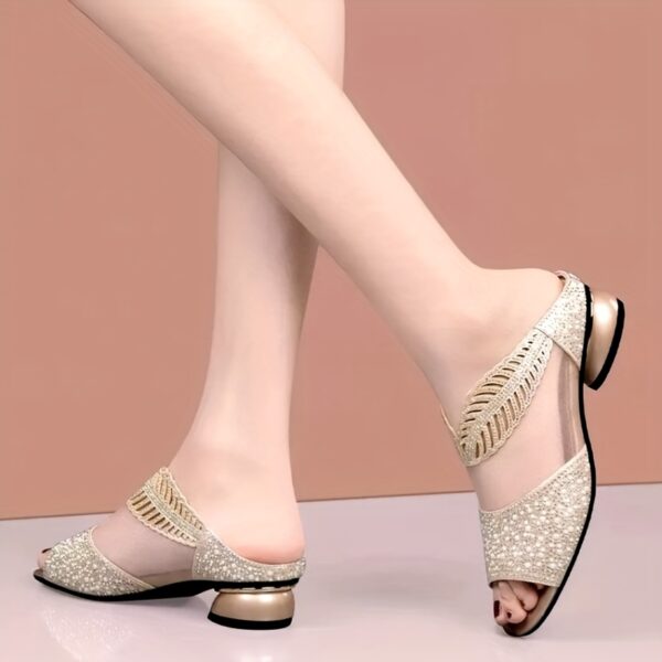Everyday Comfort, Elegant Women's Summer Fashion Sandals - Open Toe, Comfortable Low Heel Slide Shoes with Sparkling Rhinestone Accents and Breathable Mesh Upper, Perfect for Outdoor Wear, Strappy Sandals - Image 8