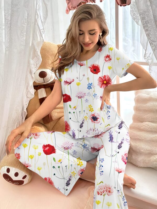 Floral Print Pajama Set, Casual Short Sleeve Round Neck Top & Elastic Pants, Women's Sleepwear - Image 16