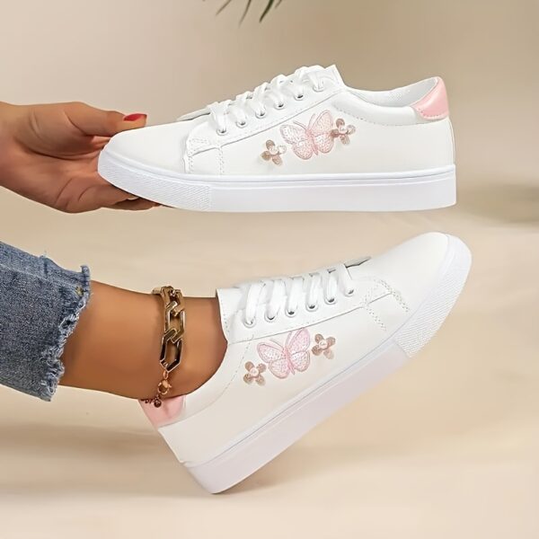 Ladies Butterfly Casual Sports Shoes, White Low-Top Lace-Up, Colorful Butterfly Pattern, Round Toe, Synthetic Upper, Plastic Sole, Non-Woven Fabric Insole and Inner Material, with Hand Wash or Professional Dry Clean Operation Instruction, for All-Season, Casual Wear - Image 5