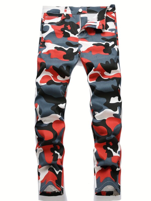 Men's Casual Camouflage Pattern Cotton Blend Pants, Street Style Medium Stretch Trousers, Barrel Jeans - Image 9