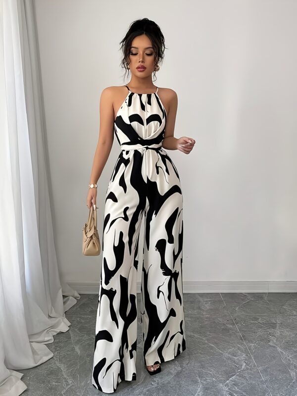 Women'S Elegant Halter Neck Jumpsuit with Tie Waist & Wide-Leg Print - Brown & Black Geometric Pattern, Sleeveless Ruched Design for Vacation & Casual Wear, Vacation Outfit, Stylish Backless, Comfortable Fit - Image 10