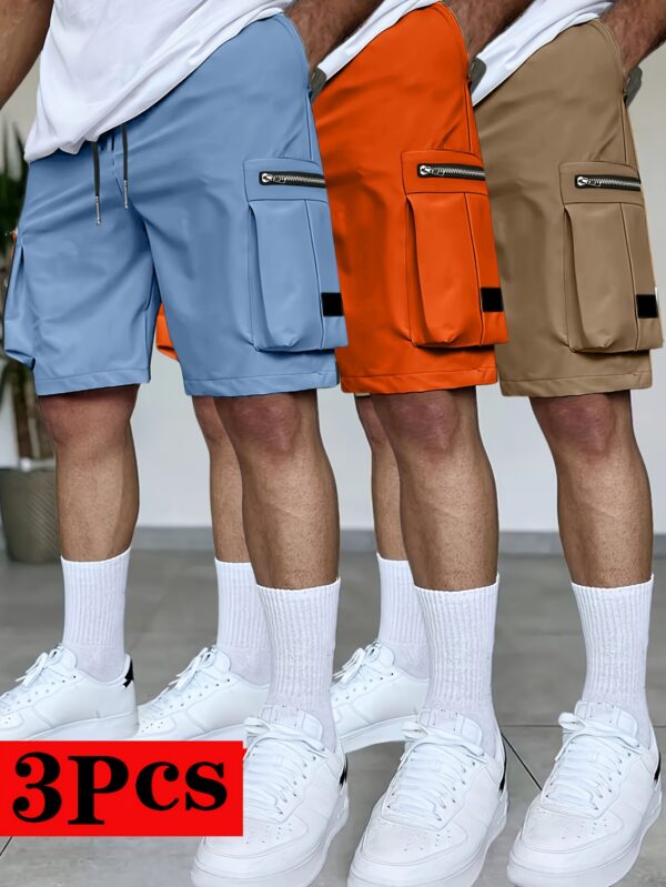 3pcs Men'S Summer Cargo Shorts Set, Loose Straight-Leg Multi-Color with Multiple Pockets, Zippered Pockets Elastic Waist Outdoor Casual Sports Shorts - Image 3
