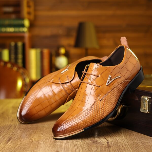 Men's Formal Dress Shoes - Brown Crocodile Pattern Lace-Up Oxfords with Golden Accents, Black Rubber Sole, Perfect for Business, Party, or Streetwear, Formal Shoes - Image 5