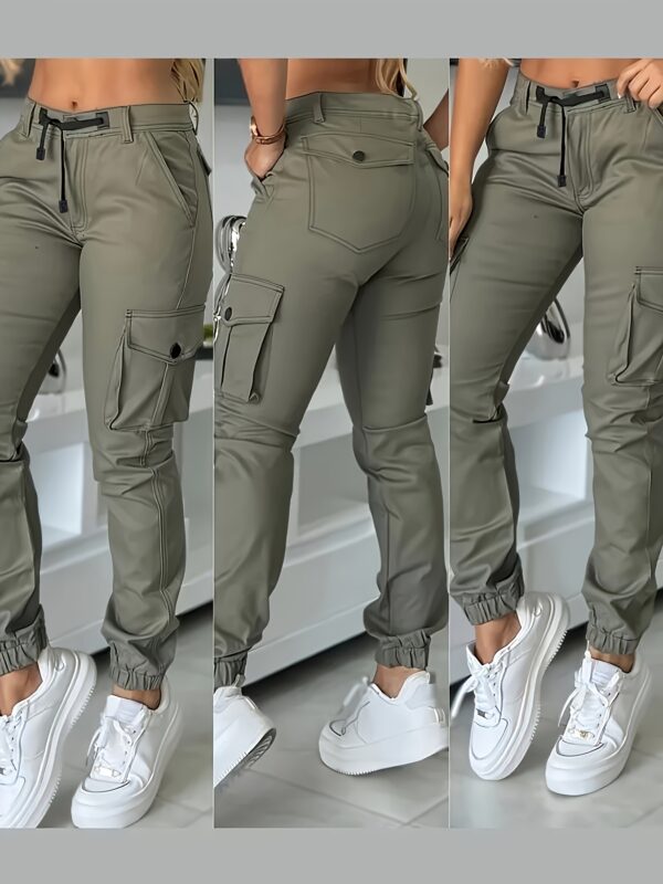 Women'S Casual Olive Green Cargo Pants - Long Length, Drawstring Waist, Multiple Pockets, All-Season Comfort, Casual Attire|Drawstring Waistband|Functional Pockets - Image 5
