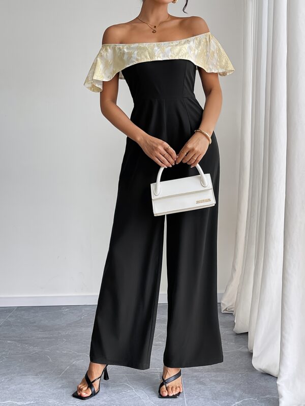 Women'S Elegant Off-Shoulder Jumpsuit with Golden Floral Detail - High-Waisted Wide-Leg Pants, Black & White Contrast, Perfect for Spring/Summer, Adult Fashion, Stylish Outfit | Floral Detail Jumpsuit | Polyester Fabric - Image 3