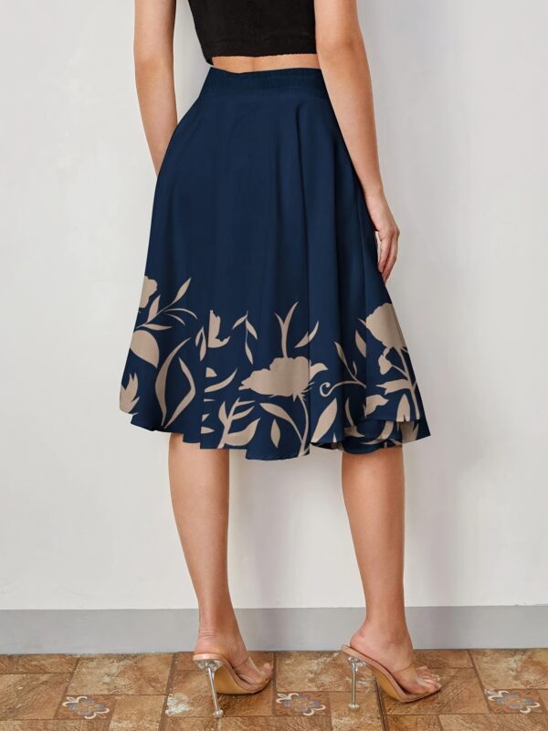 Women'S Elegant Floral Print A-Line Skirt - High-Waisted, Flowy Design with White Flowers on Dark Blue, Perfect for Vacation or Casual Outings, Casual Outing Attire | Floral Print Skirt | Polyester Fabric - Image 2