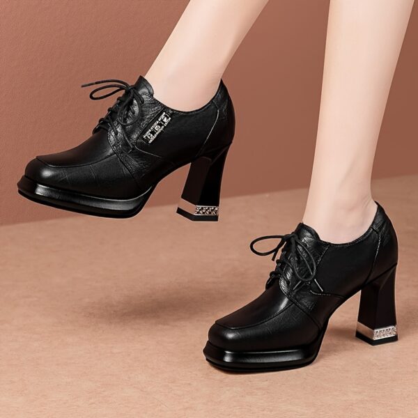 Women'S Square Toe Chunky Heel Platform Pumps - Soft Synthetic Cover Lace-Up Shoes with Thick Sole for All-Day Comfort, Black, Versatile for Casual & Formal Outfits, Comfortable Heels, Durable Rubber Sole