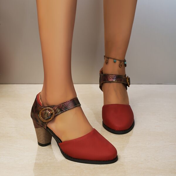 Women'S Retro Print Fashion Comfortable Elegant High Heel Round Toe Buckle Fashion Shoes - Image 4