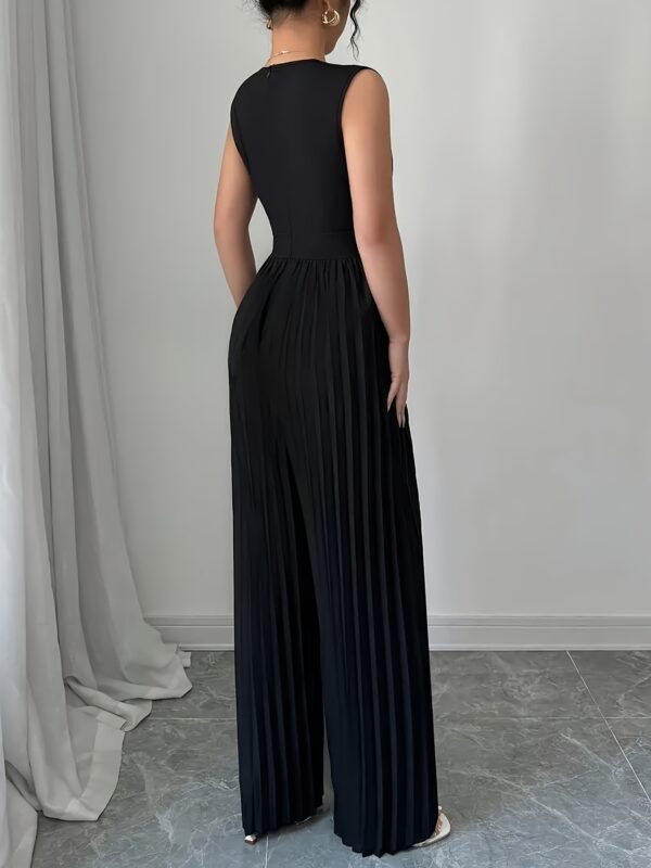 Women's Elegant V-Neck Ruched Waist Wide-Leg Jumpsuit - Black & White Contrast Stripes, Breathable Non-Stretch Fabric, Machine Washable for Spring/Summer Casual, Office & Vacation Wear - Image 2