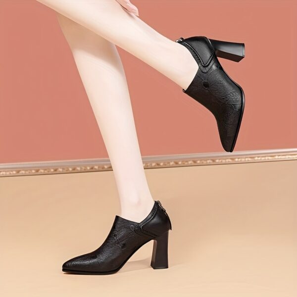 Women'S Elegant Chunky Heel Pumps - Pointed Toe PU Cover Dress Shoes with Ankle Strap, Black & Golden Accents, Comfortable Fabric Lining for All-Season Formal & Casual Wear, High Heel Shoes, Office Ready Footwear, Sophisticated Footwear, Durable Rubber Sole - Image 3