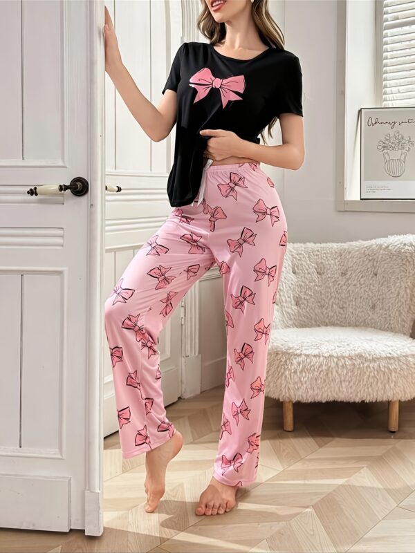 Women'S Casual Pajama Set, Polyester Bowknot Print Round Neck Short Sleeve Top & Long Length Pants, Butterfly Pattern, Crew Neck, Short Sleeve, All Season, Adult, 140g/㎡ Knit Fabric - Image 16
