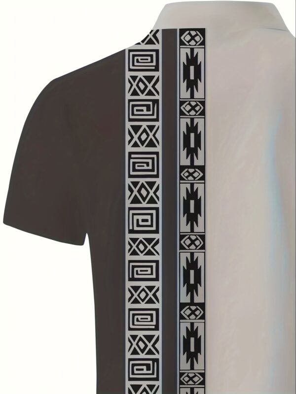 Men's Summer Casual Shirt - Ethnic Geometric Contrast Color Block Design, Asymmetrical Print, Stand-Up Collar & Button Detail, Breathable Short Sleeve for Business Casual & Casual Attire, Durable Fabric Tee, Machine Washable Top - Image 10