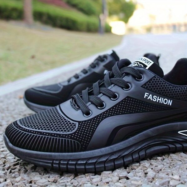 Men's Sneakers - Low-Top Running Sneakers with Cushioned Rubber Sole, Lace-Up Gym Shoes for Gym, Jogging, Everyday - Black PU Upper & Non-Slip Outsole - Lightweight Stability for Casual & Athletic Wear, Jogging Footwear, Sleek Sneaker Design, Breathable Interior Lining - Image 4