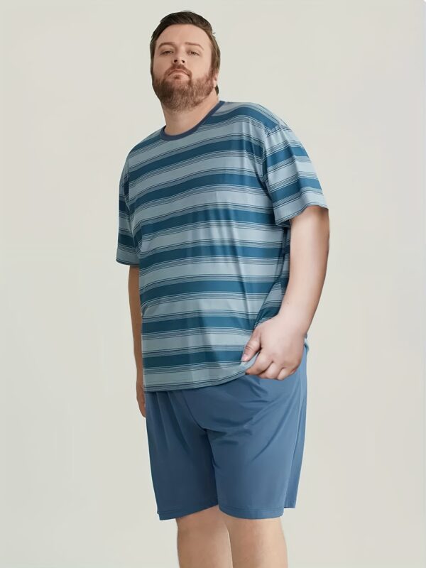 Men'S Plus Size Blue & White Striped T-Shirt and Solid Shorts Pajama Set - Casual Crew Neck, Loose Fit, Summer Loungewear, Relaxed Fit Pajamas | Striped Pattern | Polyester Fabric, PLUS SIZ - Image 3