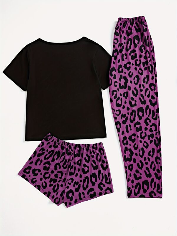 3pcs Lips & Leopard Print Pajama Set, Breathable Short Sleeve Slight Stretch Top + Loose Shorts + Long Pants, Women's Loungewear & Sleepwear - Image 8