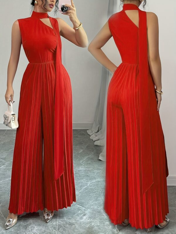 Elegant Red Sleeveless Pleated Wide-Leg Jumpsuit for Women - High Neckline with Scarf Detail, Machine Washable, Perfect for Spring/Summer/Fall, Autumn Cocktail Wear, Nontransparent Fabric
