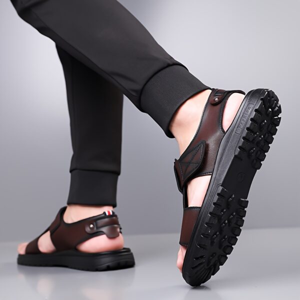 Men's Summer Sandals - Thick Sole Non-Slip Beach Shoes, Soft Casual Fashion Sandals with Adjustable Hook & Loop Strap, Brown Upper & Black Rubber Sole for Everyday Comfort - Image 9