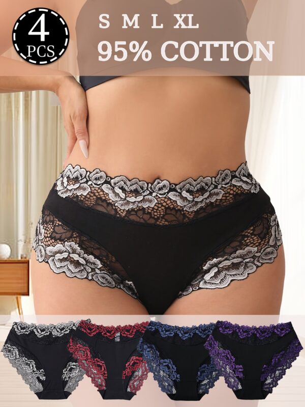 4-pack Women's mid-rise briefs, elegant lace flower design, breathable and lightweight, Cotton comfortable stretch briefs, sizes S-XL
