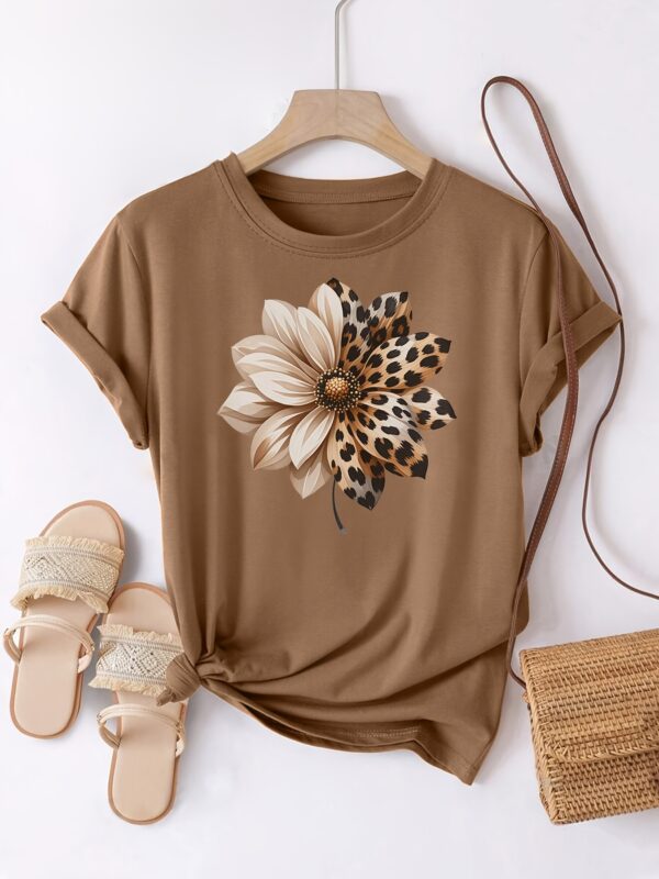 Women's Casual Short Sleeve T-Shirt - Floral & Leopard Print Round Neck Top, Breathable Spring Summer Blouse with Relaxed Fit, Hand Washable for Casual Attire, Short Sleeve Blouse, Comfortable Tee, Neutral Tone Top, Durable Casualwear - Image 3