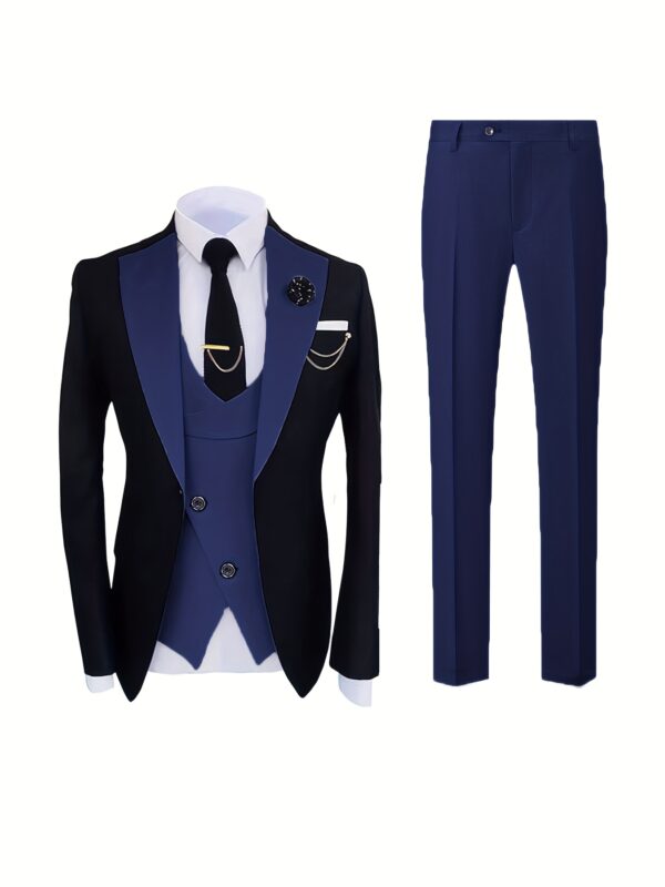 3pcs Men'S Polyester Suit Set, Shawl Collar, Non-Stretch Solid Color Work Style, Long Sleeve, Regular Fit with Vest and Pocket Details, Suitable for Spring, Summer, and Autumn - Image 3