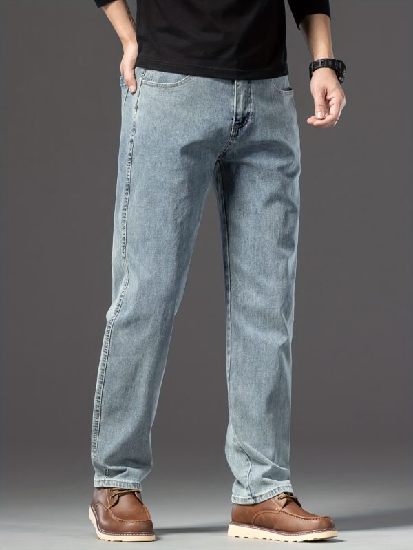 Men's Vintage Blue Loose-Fit Jeans - Classic Straight Denim with Stretch, Non-Transparent Geometric Pattern, All-Season Wear, Cotton/Elastane/Polyester Blend - Image 7