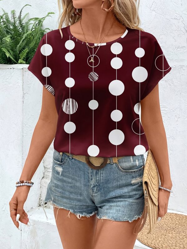 Women's Casual Elegant Geometric Circle Print Round Neck Blouse - Maroon with White Circles, Lightweight Summer Shirt, Machine Washable Non-See-Through Top for Casual & Formal Outfits, Casual Attire, Relaxed Fit Shirt, Nontransparent Fabric, Comfortable Wear - Image 8