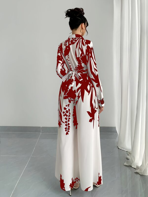 Women's leaf print shirt collar jumpsuit, long sleeve tie waist jumpsuit - Image 4