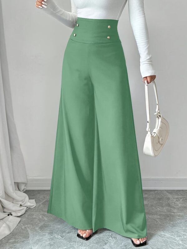 Women'S Elegant High-Waisted Tummy Control Black Wide Leg Pants, 100% Polyester, Solid Color, Woven Fabric, 200gsm, Slim Fit for Work & Office - All Seasons - Image 3