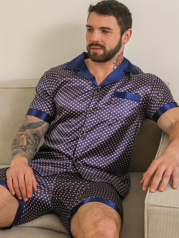 2pcs Men's Pajamas Spring Summer Autumn Winter Short Sleeve Shorts with Collar and Contrast Polka Dot Wearable Soft Loungewear Set