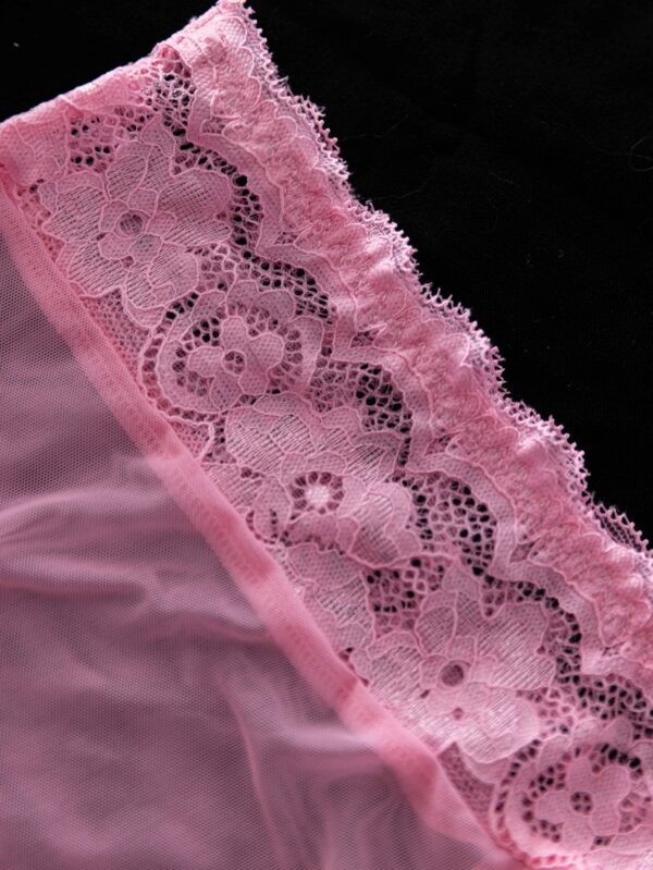 3pcs Lace Mesh Lingerie Set for Women - Sexy Pink Hollow-Out Sheer Sleepwear with Contrast Lace Trim, Knit Fabric, Solid Color, Adult Intimate Apparel - Image 6