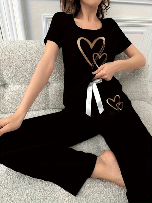 Women'S Pajama Set with Heart Print - Soft and Comfortable Short Sleeve Top and Long Pants, Two-Piece Set, Black with White Bow Detail, Perfect for Relaxing at Home, Loungewear|Comfortable Fit| Fabric