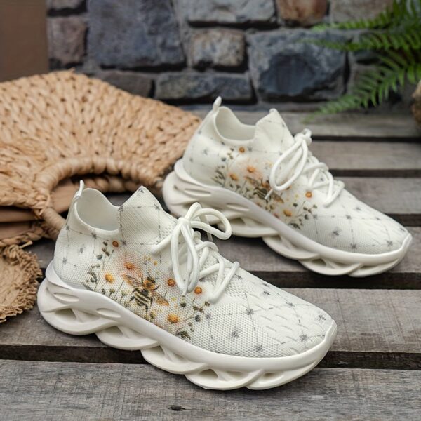 [Allseason Style] Women's Breathable Knit Sneakers - Casual Lace-Up Sneakers with Floral & Star Pattern, Lightweight Low-Top Design, EVA Sole, Fabric Upper, All-Season Comfort for Casual Attire - Image 4