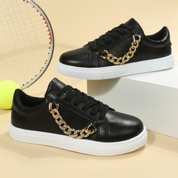 Women's Low-Top White Sneakers with Golden-Tone Chain Accents - Upper, Breathable Mesh Lining & TPR Sole - All-Season Casual Shoes for Casual Attire, Ladies Sneakers, Versatile Footwear, Trendy Footwear, Comfortable Fit, Urban Lifestyle - Image 9